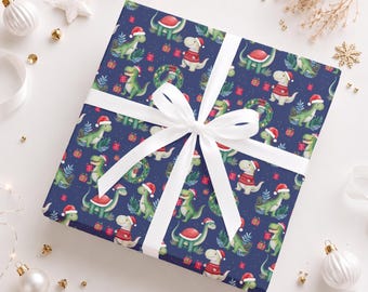 Christmas Dinosaur Wrapping Paper, Dinosaur Christmas Gift Wrap, Kids Holiday Wrapping Paper with Santa Dinosaurs