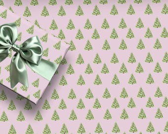 Pink Christmas Tree Wrapping Paper, Pink Green Holiday Gift Wrap, Preppy Christmas Wrapping Paper, Christmas Tree Gift Wrap