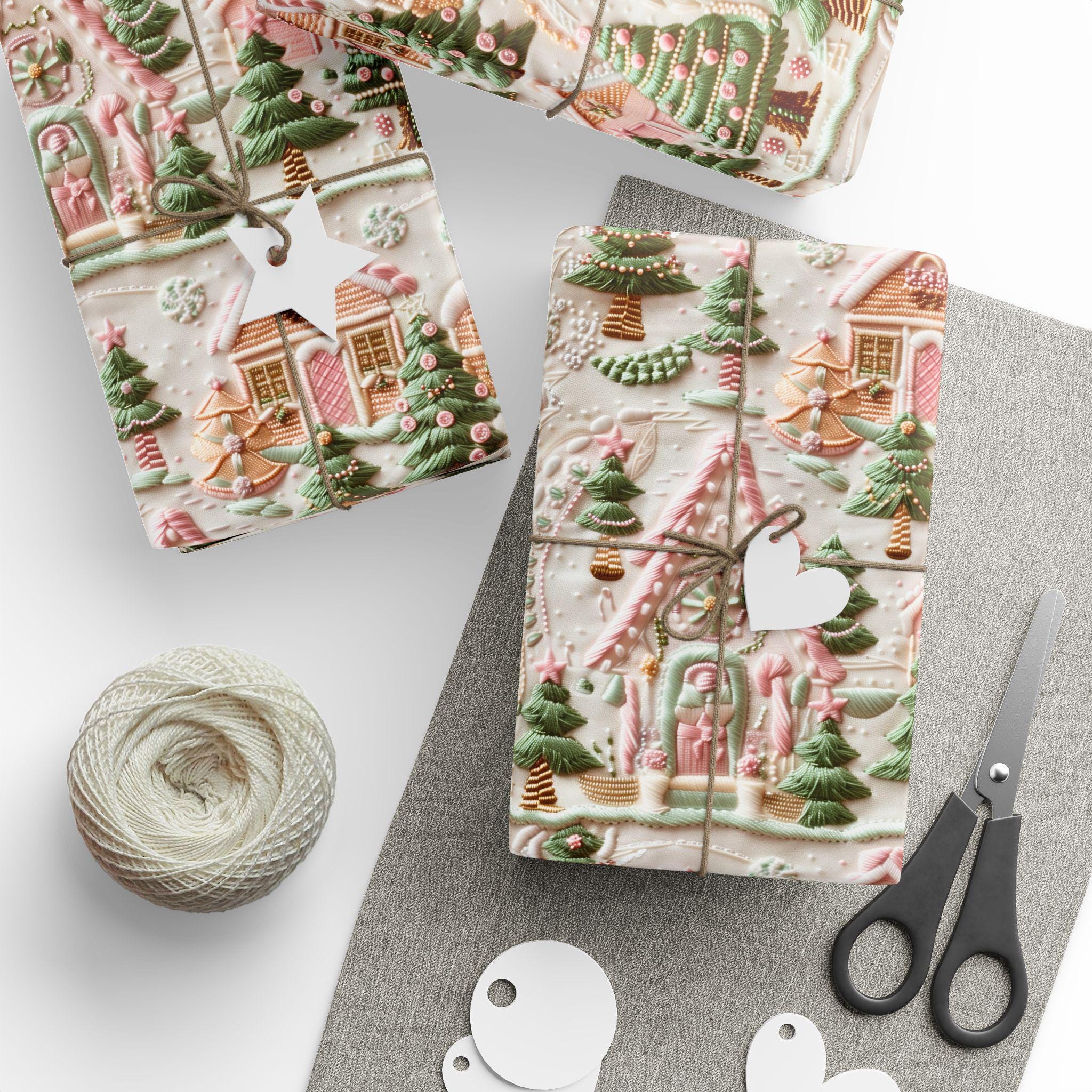 Pink Christmas Village Gift Wrap, Christmas Wrapping Paper, Soft Pinks & Green Color Pallet, Eco Friendly, Wrapping Paper Rolls