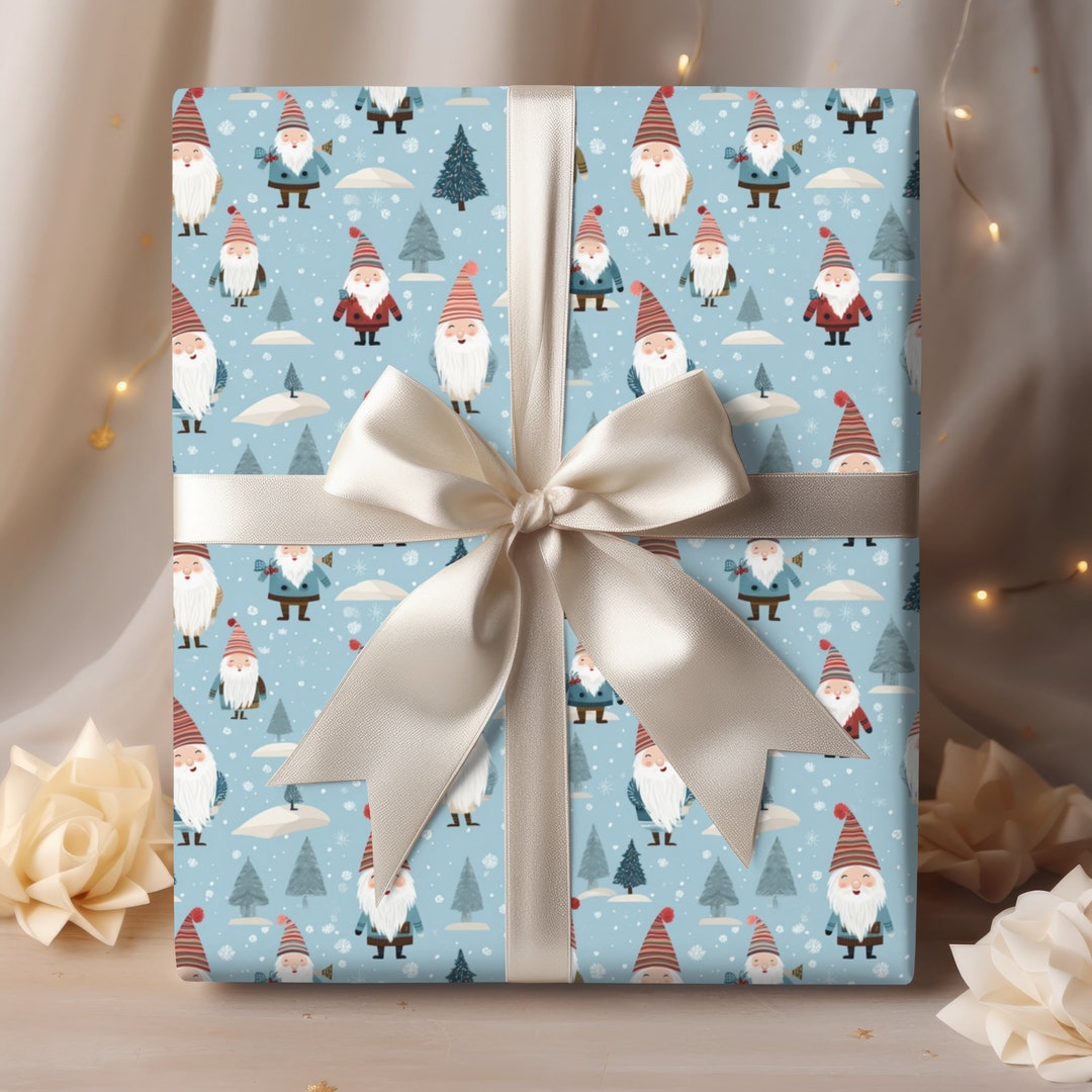 Christmas Vintage Gnome Wrapping Paper Blue Gnome Wrap Etsy