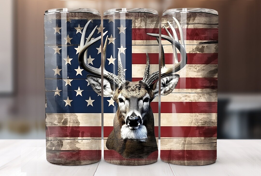 American Flag and Buck Deer 20 Oz Skinny Tumbler Sublimation Wrap ...