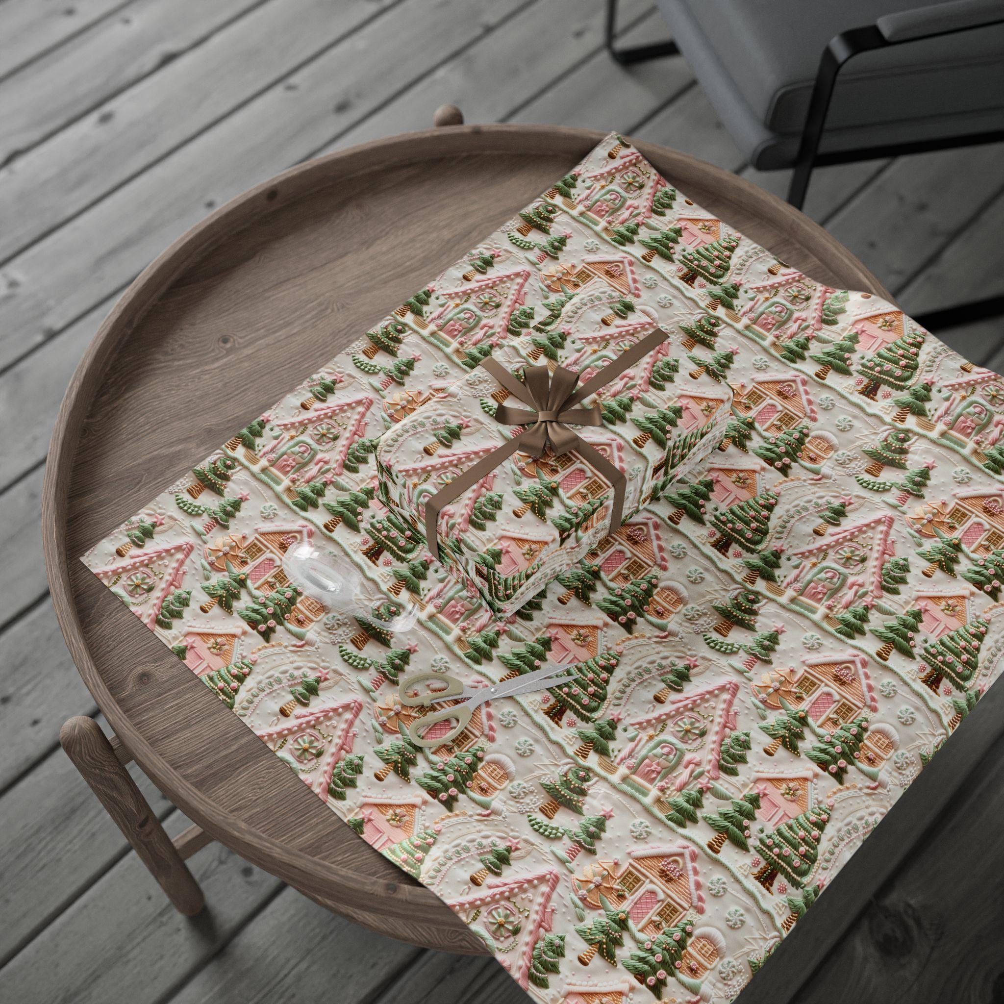 Pink Christmas Village Gift Wrap, Christmas Wrapping Paper, Soft Pinks & Green Color Pallet, Eco Friendly, Wrapping Paper Rolls