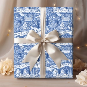 Chinoiserie Wrapping Paper Blue Toile Gift Wrap Holiday Wrap Illustration Blue Toile Wrap Christmas Paper Holiday Gift Wrap Preppy Wrapping