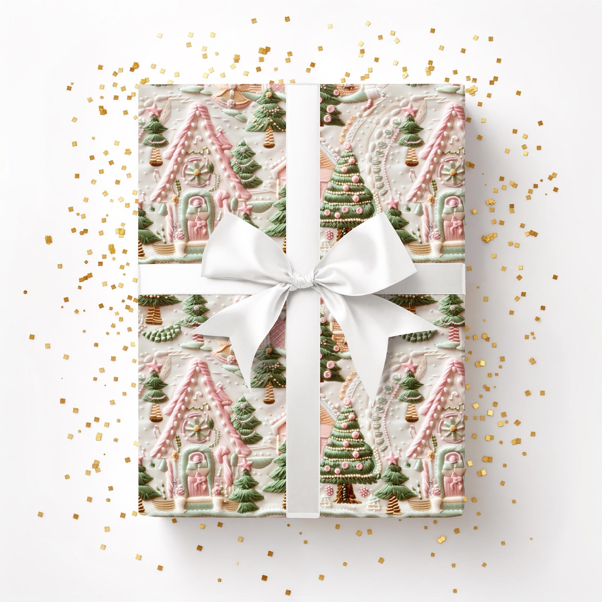 Pink Christmas Village Gift Wrap, Christmas Wrapping Paper, Soft Pinks & Green Color Pallet, Eco Friendly, Wrapping Paper Rolls