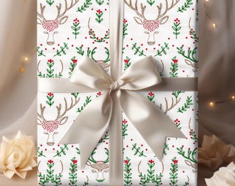 Reindeer Christmas Wrapping Paper, Scandinavian Christmas Gift Wrap, Red and Green Holiday Wrapping Paper, Nordic Christmas Wrap