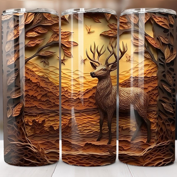 3D Rustic Leather Deer River 20oz Skinny Tumbler Sublimation Wrap Design Rustic Nature Inspired Tumbler High-Quality Digital Download PNG