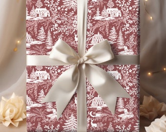Weihnachtliches Geschenkpapier mit Toile-de-Jouy-Muster, Geschenkpapier mit rot-weißem Hirschmotiv, Vintage-Weihnachtspapier, traditionelles Festtagspapier