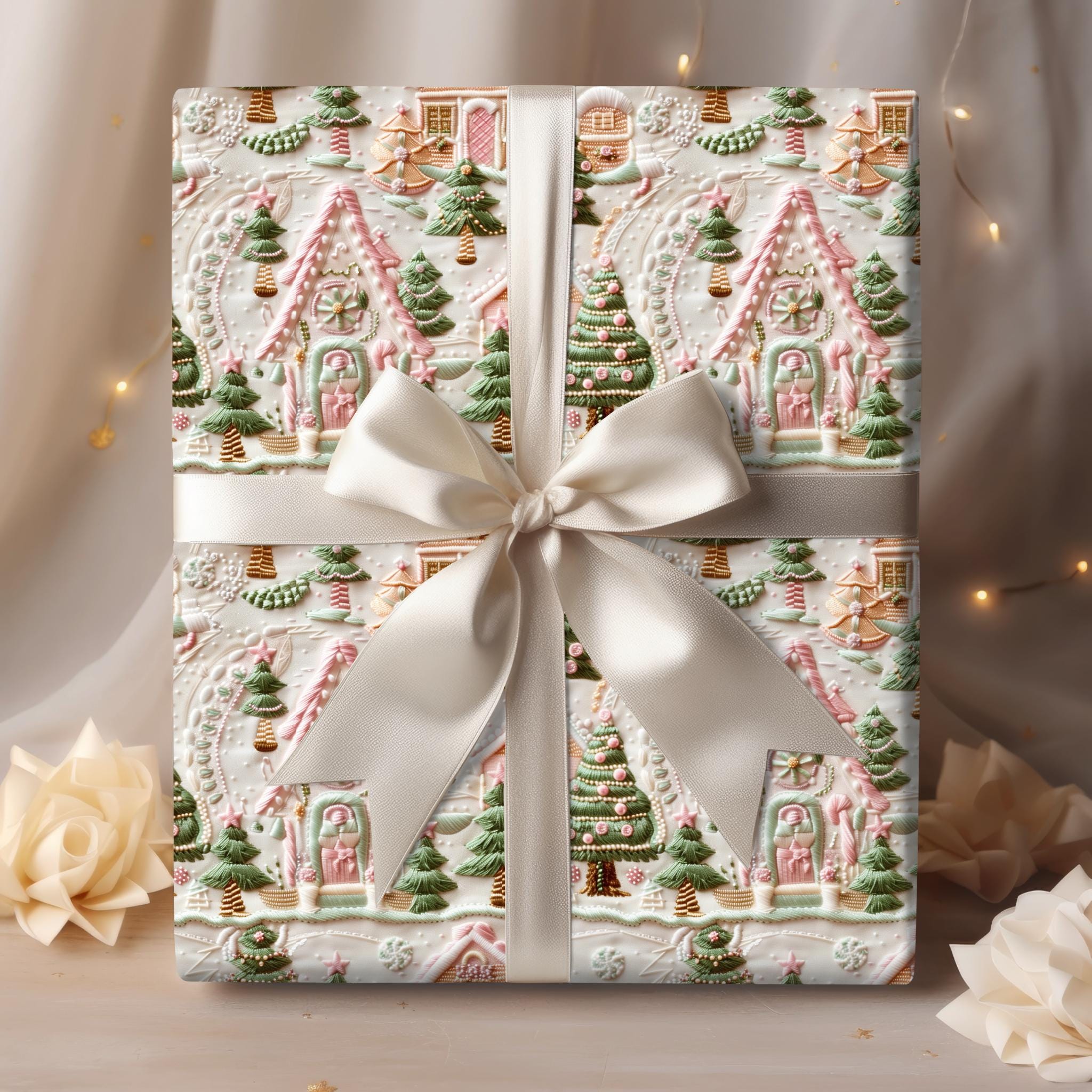 Pink Christmas Village Gift Wrap, Christmas Wrapping Paper, Soft Pinks & Green Color Pallet, Eco Friendly, Wrapping Paper Rolls