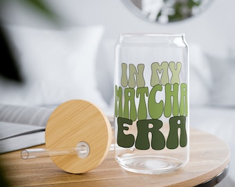 En mi era del matcha, vaso de cristal con pajita, amante del té matcha, matcha latte, cristalería de moda, vaso de café helado, vaso de 16 oz, vaso de lata de cerveza, regalo