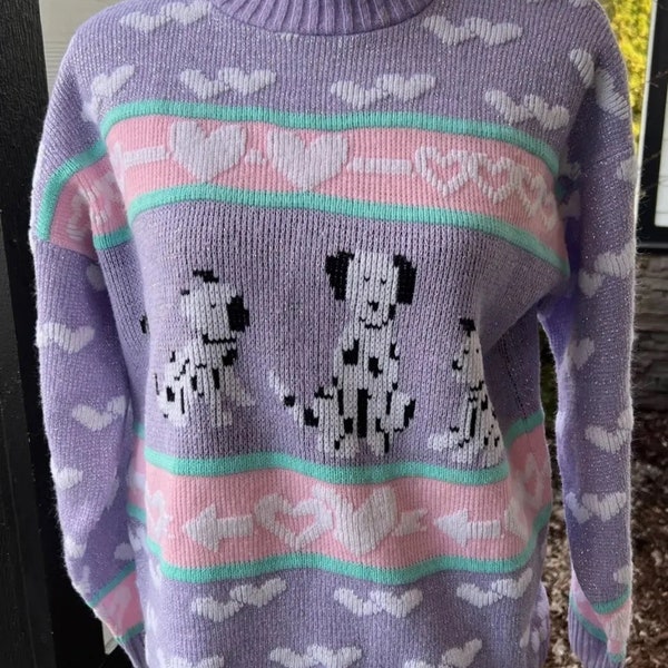 Vintage 80s Adele Knitwear Dalmatian Dog Pullover Pastel Sweater L