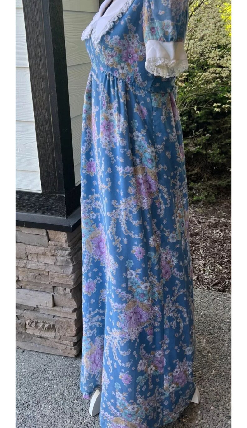 Vintage Cottage Core Blue Empire Waist Maxi Dress Peter Pan Collar Size 11 image 5