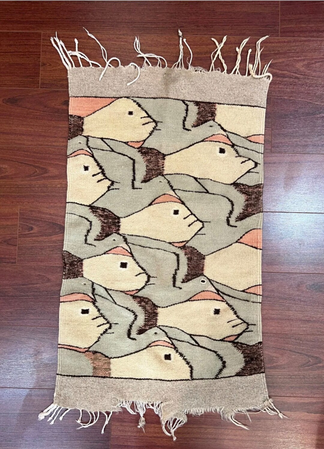 Handwoven Zapotec Oaxacan Wool Tapestry Throw Rug 35 X 19 MC Escher