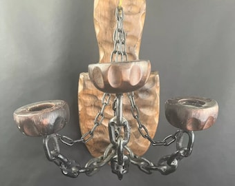 Brutalist Iron Chain Wooden Wall Candle Holder Vintage