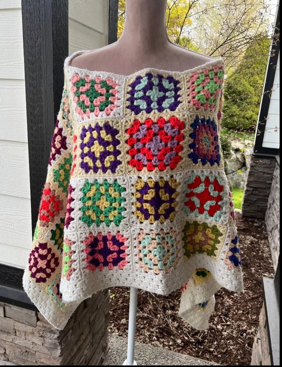 Handmade Granny Square Crochet Poncho Grandma Core