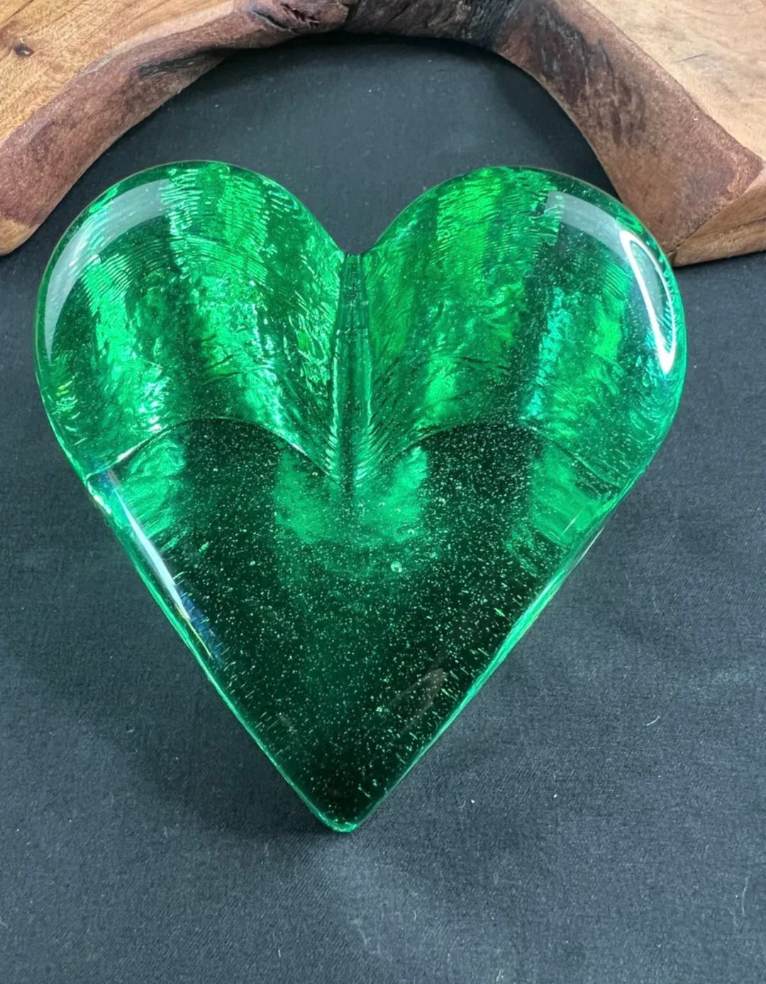 Fire & Light Glass Paperweight Green Heart Signed Etsy