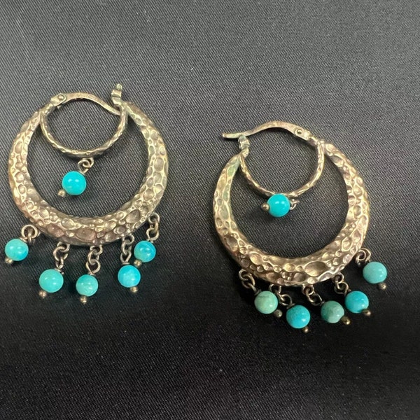 Vintage Hammered Sterling Silver & Turquoise Hoop Earrings Italy