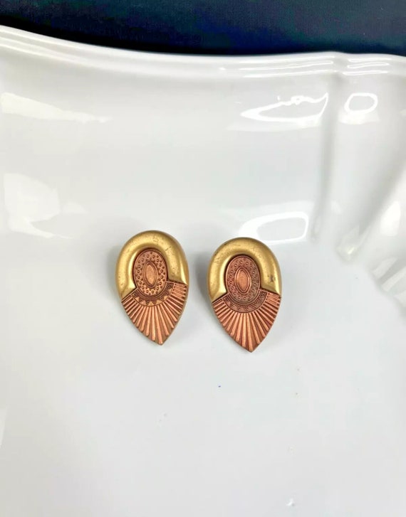 Copper And Gold Tone Art Deco Earrings - image 2