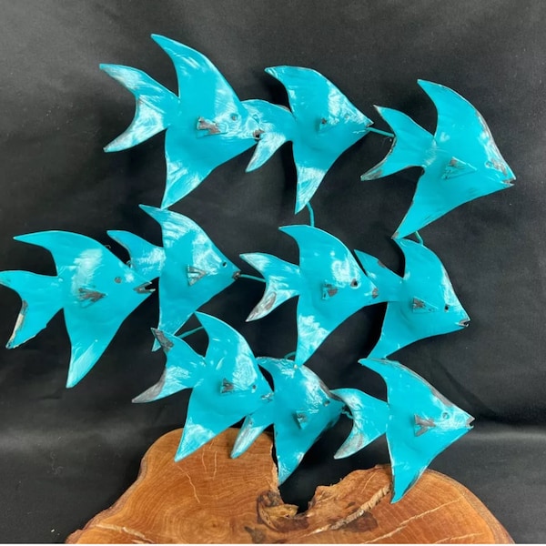 Mid Century Modern Brutalist Metal Wall Art Turquoise Fish Swimming