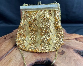 Gold Beaded Sequin Clutch Handbag Purse Evening Bag Vintage Made in Hong Kong