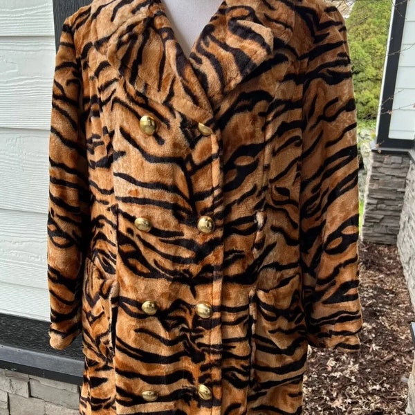 Vintage 70s Faux Fur Tiger Striped Pea Coat L Mob Wife