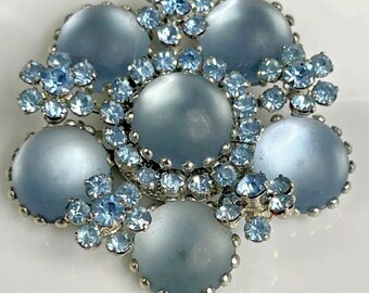 Blue Moonstone Cabochon Rhinestone Silvertone Vintage Brooch