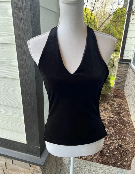 Black Velvet Halter V-neck Top Vintage Y2K