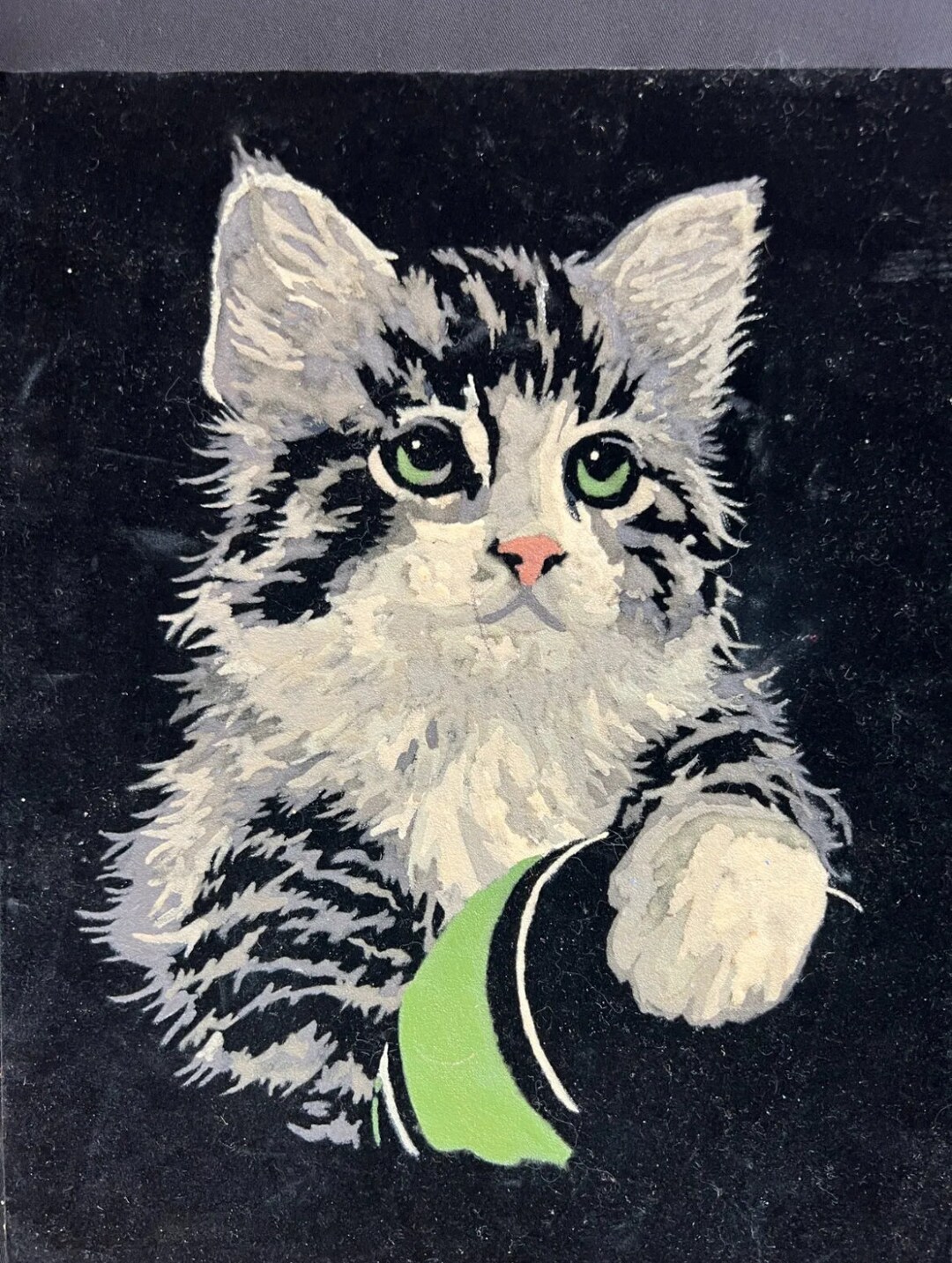 Vintage 1960s Black Velvet Paint by Number Tabby Cat Kitten With Ball
