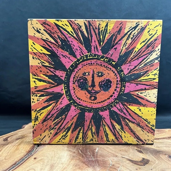 Vintage MCM Tom Tru Sun Face Painting On Wood Block