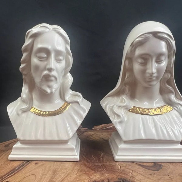 Vtg Holland Mold Jesus & Virgin Mary Bust Figurine Ceramic Glazed Signed