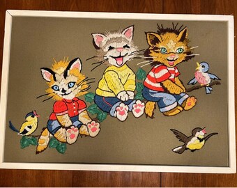 Vintage Framed 70's Mural Embroidered Crewel Wall Playful Cats Kittens Birds