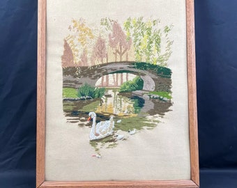Vintage Framed Crewel A Time To Reflect Swan 1981 Finished