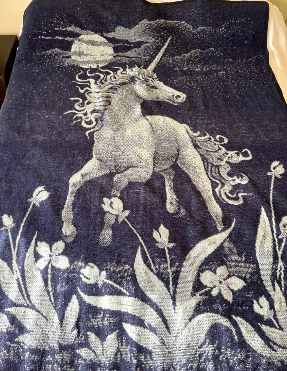 Vintage 90s Blue Unicorn Reversible Whimsical Fleece Blanket TAC