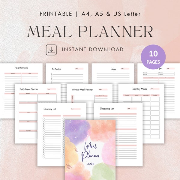 Printable Meal Planner, Digital Food Journal For Meal Tracking, Grocery Shopping List Printable Template, Daily Weekly Monthly Meal Calendar