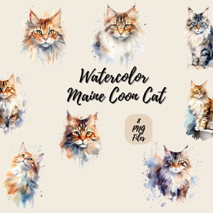 Chat maine coon aquarelle | Téléchargement numérique | Art mural | Clipart aquarelle | Chat PNG | Clipart invitation | Clipart lot de chats