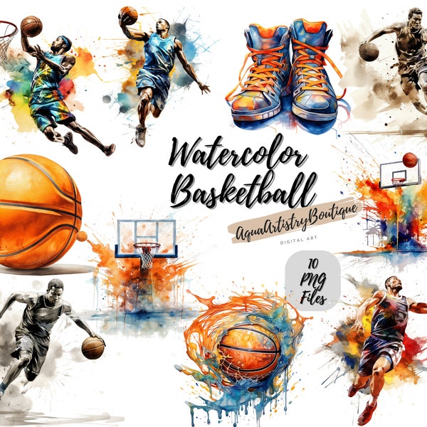 Basket-ball à l'aquarelle | Téléchargement numérique | Art mural | Clipart aquarelle | Basket-ball PNG | Clipart invitation | Ensemble de cliparts sport