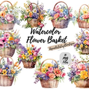 水彩画の花かご | デジタルダウンロード | ウォールアート | 水彩画のクリップアート | 花かご PNG | 招待状のクリップアート | 花束のクリップアート