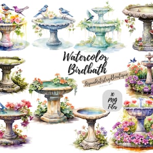 Bagno per uccelli ad acquerello / Download digitale / Arte della parete / Clipart ad acquerello / Bagno per uccelli PNG / Clipart invito / Clipart pacchetto uccelli