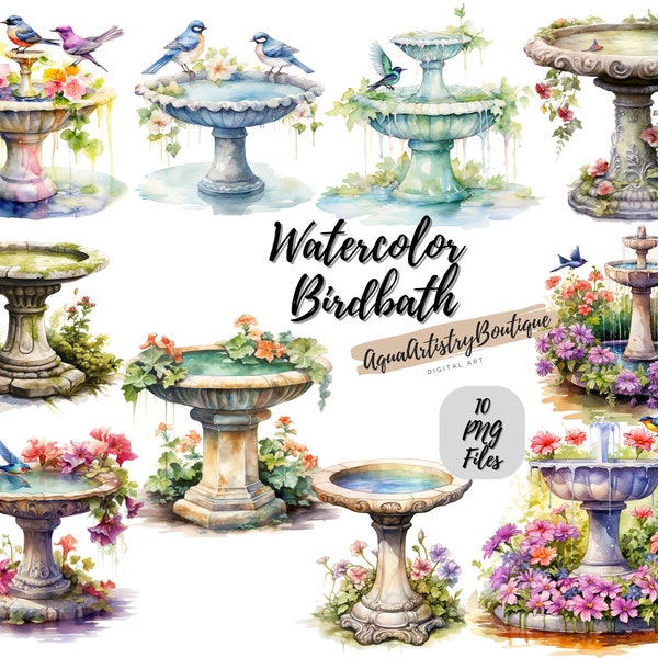 Watercolor Birdbath | Digital Download | Wall Art | Watercolor Clipart | Birdbath PNG | Invitation Clipart | Bird Bundle Clipart