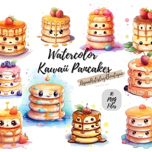 Watercolor Kawaii Pancakes | Digital Download | Wall Art | Watercolor Clipart | Pancakes PNG | Invitation Clipart | Pancakes Bundle Clipart