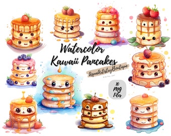 Watercolor Kawaii Pancakes | Digital Download | Wall Art | Watercolor Clipart | Pancakes PNG | Invitation Clipart | Pancakes Bundle Clipart