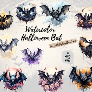 Akwarela Halloween Nietoperz | Pobieranie cyfrowe | Sztuka ścienna | Akwarela Clipart | Gotycki Nietoperz PNG | Zaproszenie Clipart | Halloween Bundle Clipart