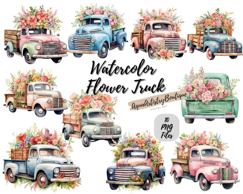 Watercolor Floral Truck Digital Download Wall Art Watercolor Clipart
