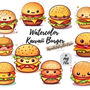 Acquerello Kawaii Burger / Download digitale / Wall Art / Clipart acquerello / Kawaii Burger PNG / Clipart invito / Clipart pacchetto hamburger