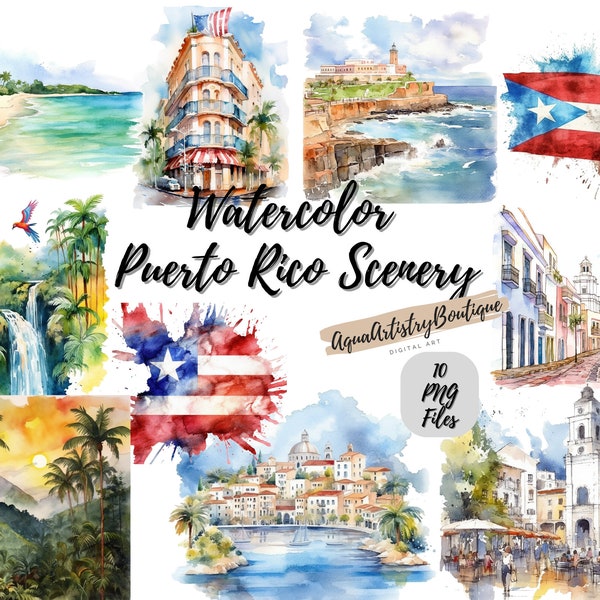 Watercolor Puerto Rico Scenery | Digital Download | Wall Art | Watercolor Clipart |Country PNG | Invitation Clipart | Country Bundle Clipart