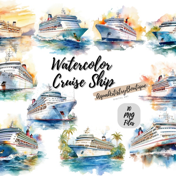 Watercolor Cruise Ship | Digital Download | Wall Art | Watercolor Clipart | Cruise Ship PNG | Invitation Clipart | Ship Bundle Clipart