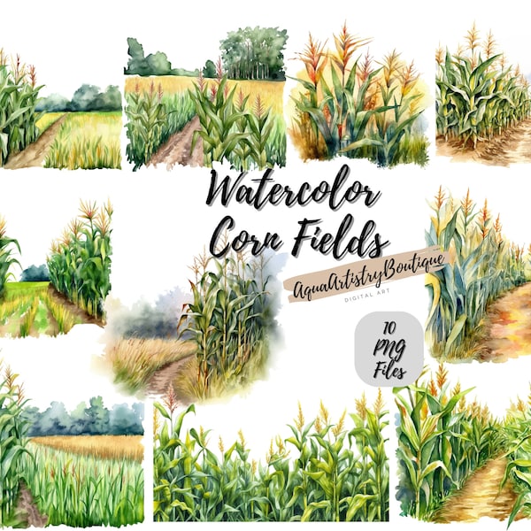 Watercolor Corn Fields | Digital Download | Wall Art | Watercolor Clipart | Corn Field PNG | Invitation Clipart | Farm Bundle Clipart