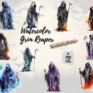 Faucheuse d'Halloween à l'aquarelle | Téléchargement numérique | Clipart aquarelle | SVG Halloween | La Faucheuse aquarelle | Lot de cliparts Halloween