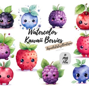 Baies kawaii à l'aquarelle | Téléchargement numérique | Art mural | Clipart aquarelle | Baies PNG | Clipart invitation | Bundle de baies Clipart