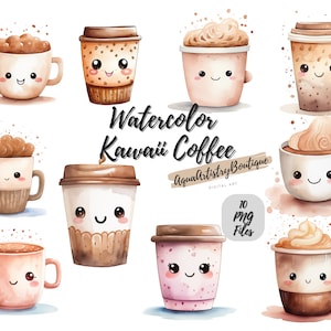 Aquarell Kawaii Kaffee | Digitaler Download | Wandkunst | Aquarell Clipart | Kaffee PNG | Einladung Clipart | Kaffee Bundle Clipart