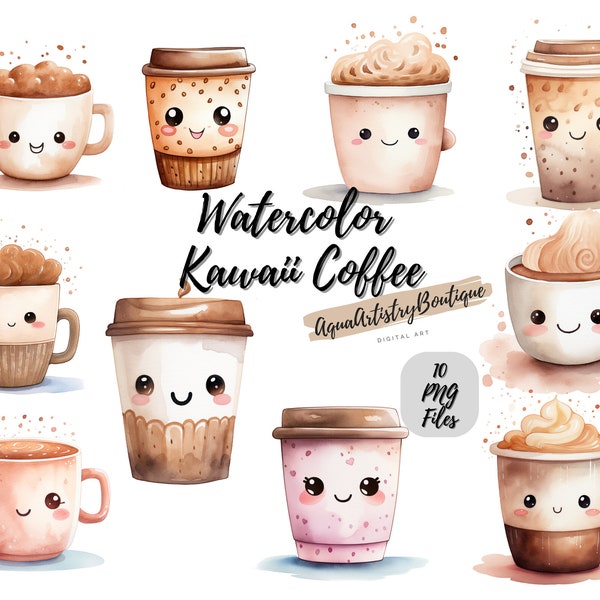 Watercolor Kawaii Coffee | Digital Download | Wall Art | Watercolor Clipart | Coffee  PNG | Invitation Clipart | Coffee  Bundle Clipart